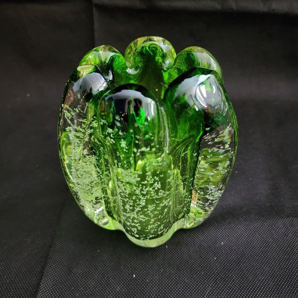 Tozai Hand Blown Murano Green Glass Orb Vase Vintage Bulky Asymmetrical